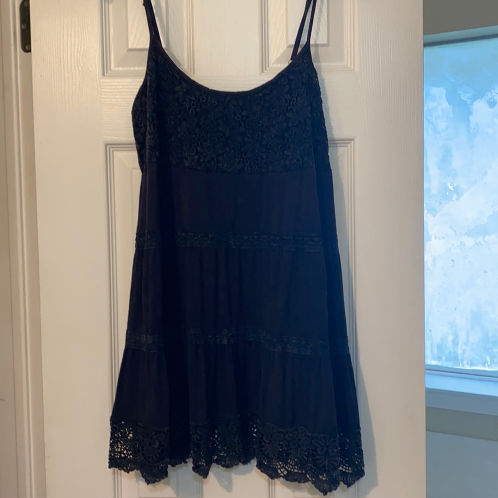 Navy spaghetti strap top with crocheted lace